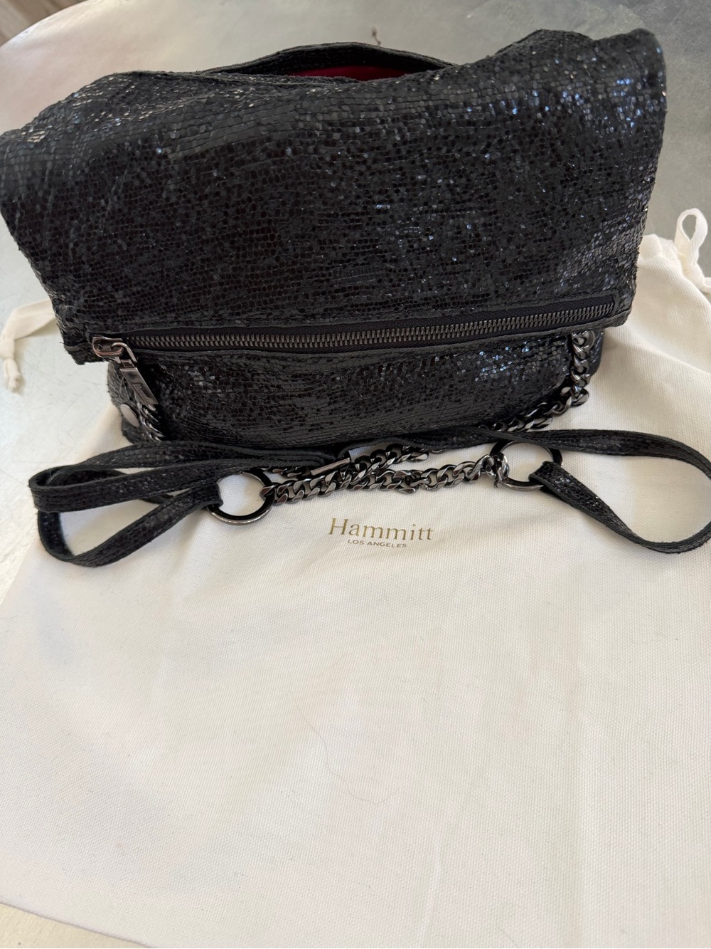 Hammitt Black Sequin Chain Crossbody Bag w/ Gunmetal Hardware Red Suede interior